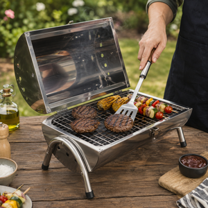 Portable Barrel Stainless Steel BBQ Garden Camping Picnic Charcoal Grill Table