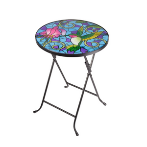 Colorful stained glass table with floral and bird design on a white background.
