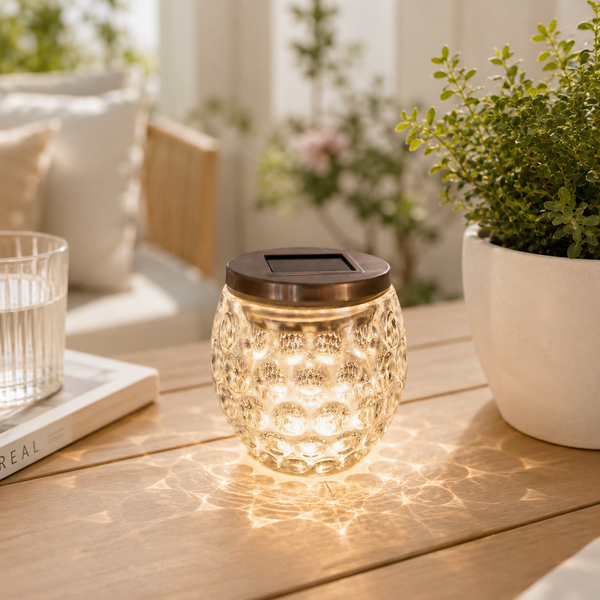 Solar-powered glass lantern on a wooden table with plants and a glass in the background