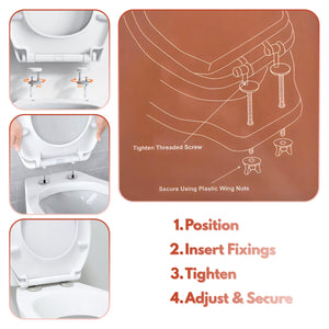 Instructions for installing a toilet seat with diagrams and text on a white background