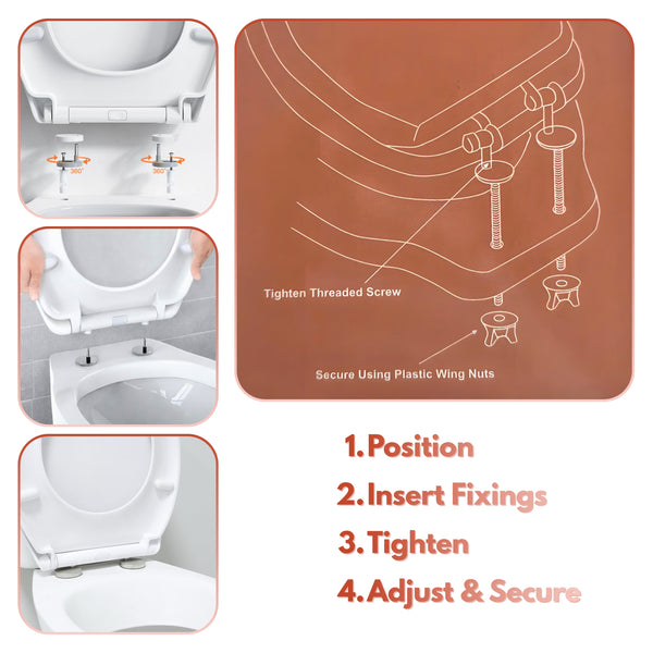 Instructions for installing a toilet seat with diagrams and text on a white background