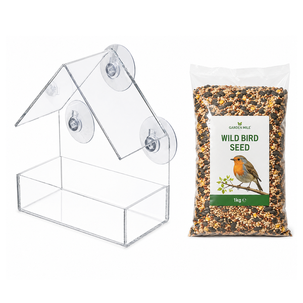 A clear plastic house-shaped bird feeder with suction cups shown next to a 1kg bag of Garden Mile Wild Bird Seed on a white background.