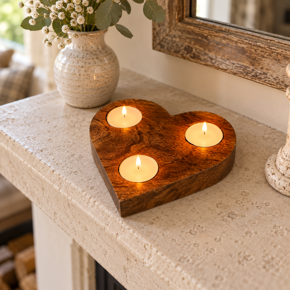 Heart-shaped wooden candle holder with three lit tealight candles, styled on a stone mantelpiece next to a ceramic vase with baby's breath.