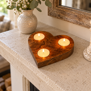 Heart-shaped wooden candle holder with three lit tealight candles, styled on a stone mantelpiece next to a ceramic vase with baby's breath.