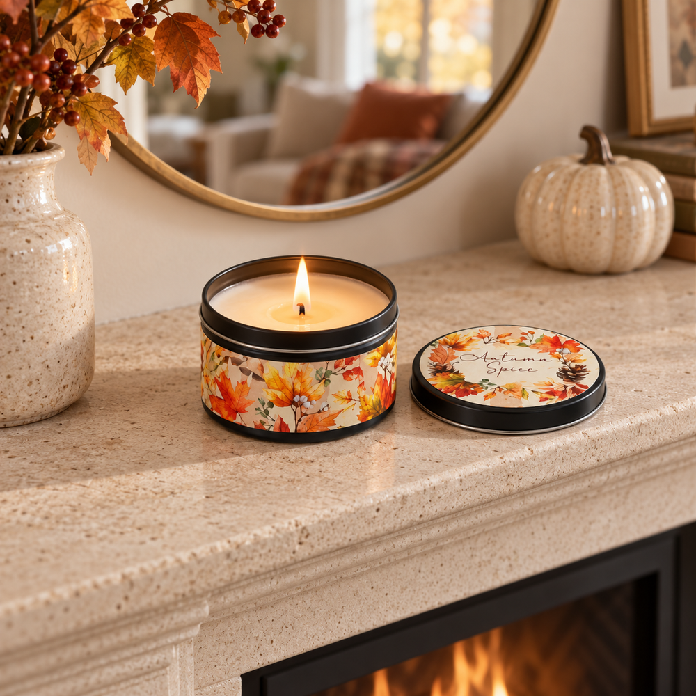 A lit round tin candle with a colorful autumn leaf pattern sits on a stone fireplace mantel beside its matching lid. The scene includes a vase with fall branches, a mirror, a small pumpkin, and a fireplace in the background.