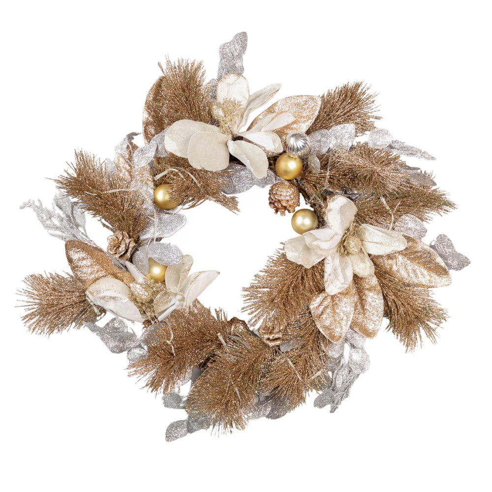 Decorative wreath with flowers and lights on a white door