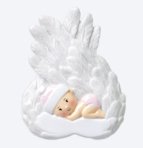 Decorative angel figurine with a baby inside on a white background