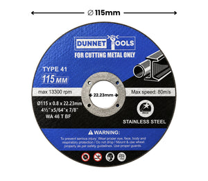 A Dunnet Tools Type 41 stainless steel cutting wheel, 115 mm in diameter, shown on a white background with a dimension arrow indicating its 115mm diameter.