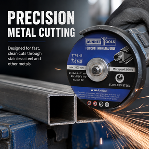 A Dunett 28C Tools angle grinder cutting wheel in action, shown slicing a steel tube with bright sparks flying. The wheel is blue and silver with white text, and the background is a dark workshop setting with promotional text reading 'PRECISION METAL CUTTING'.