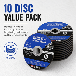 A 10-piece value pack of DUNNET Tools Type 41 flat cutting discs for cutting metal, featuring two stacks of black discs with blue and white labels on a light gray background with product details.