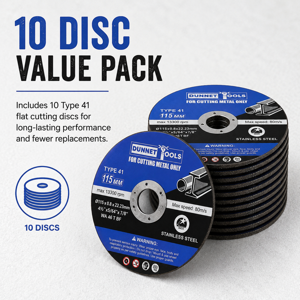 A 10-piece value pack of DUNNET Tools Type 41 flat cutting discs for cutting metal, featuring two stacks of black discs with blue and white labels on a light gray background with product details.