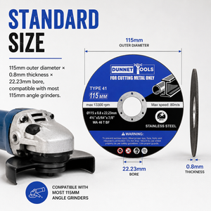 Dunn Tool Type 41 115mm angle grinder cutting wheel shown with dimension callouts, compatibility text, and a partial angle grinder for context on a light gray background.