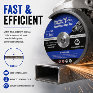 Dunnell Type 41 115mm stainless steel angle grinder cutting disc shown in a close-up product graphic with marketing text, feature callouts, and sparks flying from a metal cut.