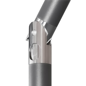 Close-up of a dark gray and silver metal pole joint with a small circular light or button detail, shown on a plain white background.