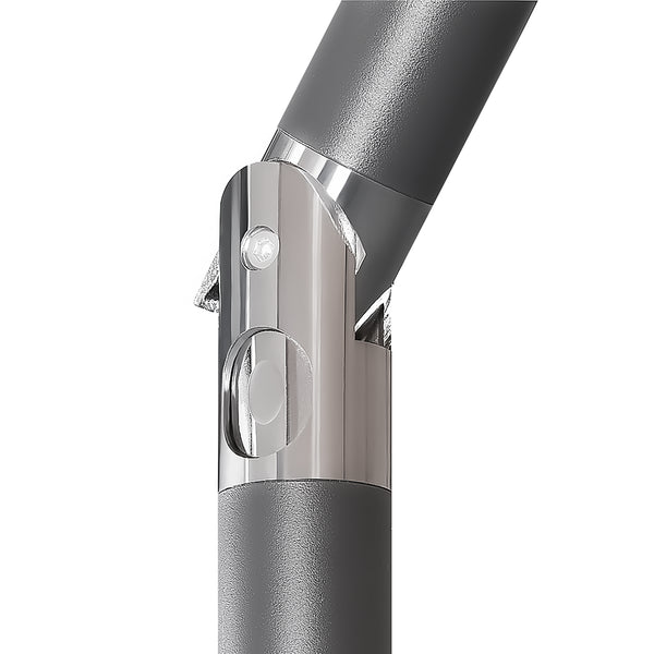 Close-up of a dark gray and silver metal pole joint with a small circular light or button detail, shown on a plain white background.