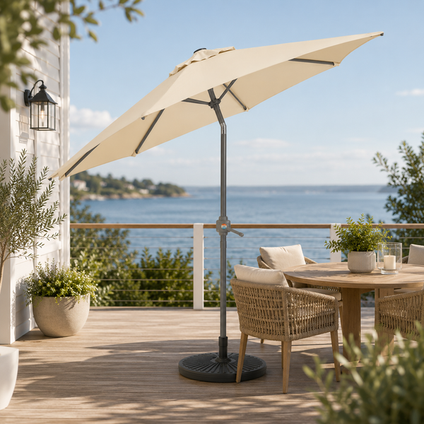 A large cream patio umbrella with a dark gray metal pole and round base stands on a wooden deck beside a round outdoor dining table and woven chairs, overlooking a blue ocean and distant shoreline.