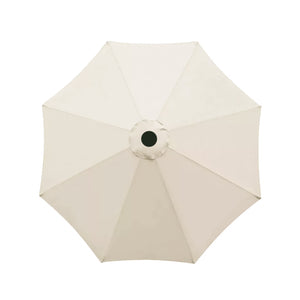 Top-down view of an open patio umbrella canopy in a light cream or off-white color, showing the radial fabric panels and central hub against a plain white background.