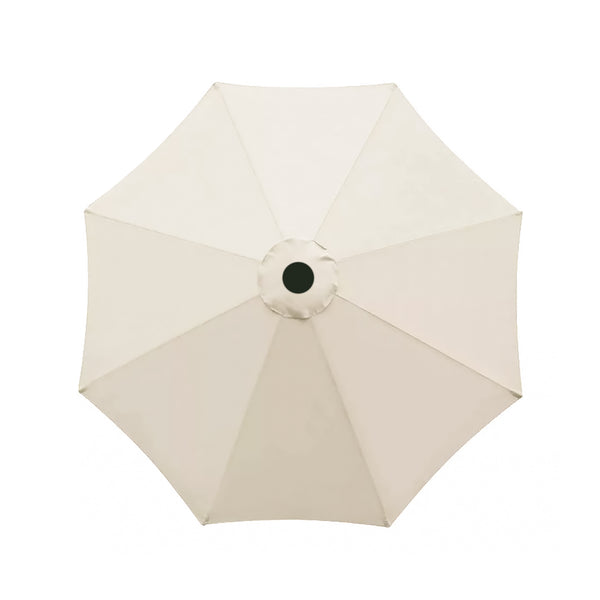 Top-down view of an open patio umbrella canopy in a light cream or off-white color, showing the radial fabric panels and central hub against a plain white background.