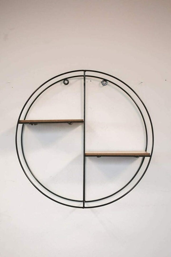 Two tier round floating wall shelf with black metal frame