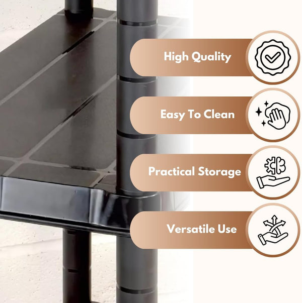 Adjustable plastic shelving unit with three shelves