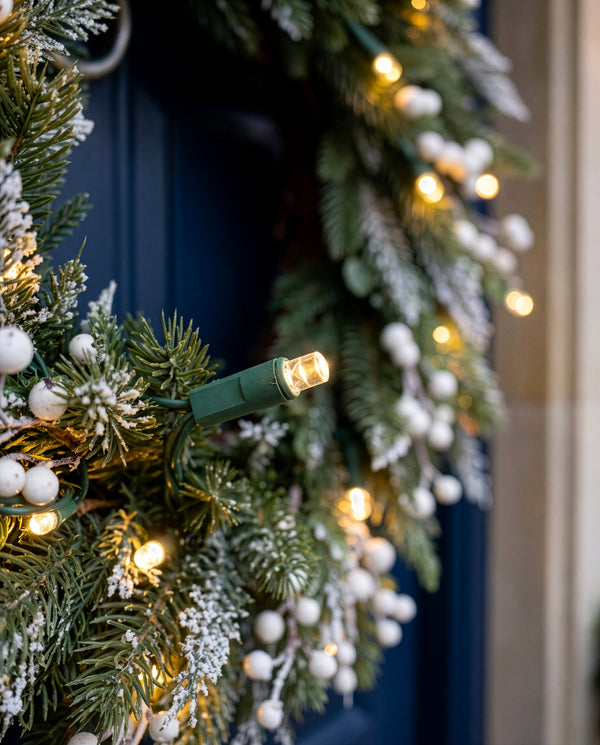 A close-up of a festive evergreen wreath decorated with white faux berries, frosted pine needles, and warm glowing string lights, hanging against a dark blue door.