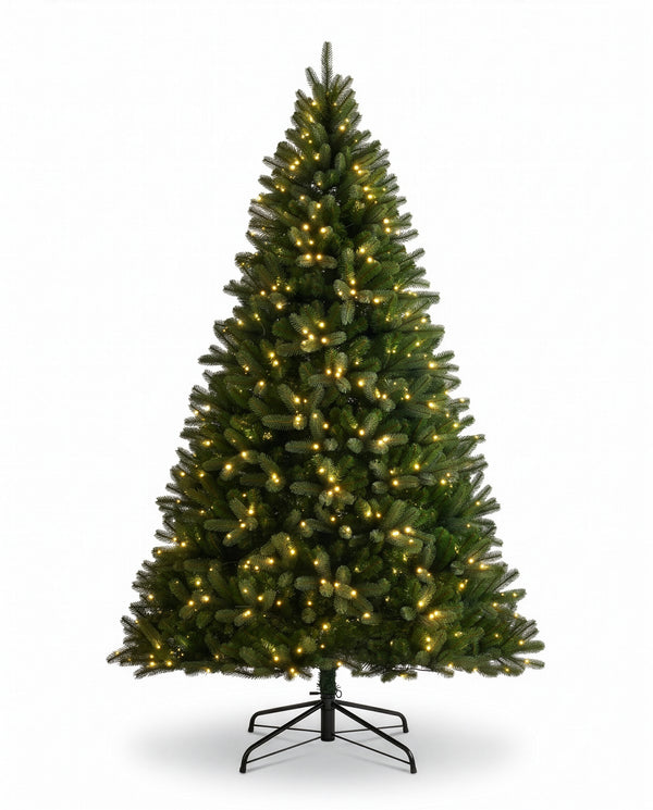 A pre-lit artificial Christmas tree with green needles and warm yellow lights, standing on a black metal stand against a white background.