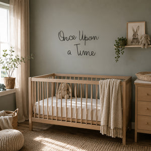 A light natural wood crib with a white mattress and a beige fringed throw blanket, set in a styled nursery with a sage green wall, 'Once Upon a Time' wall sign, and a wooden dresser.