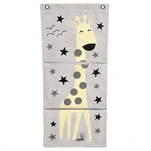 A three-panel fabric hanging organizer or pocket wall hanging in light gray, featuring a large cream giraffe with dark gray spots and scattered black and gray stars.