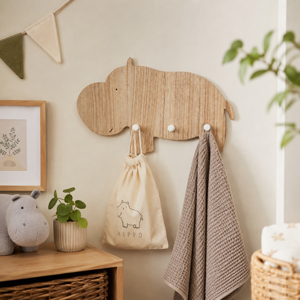 A light natural wood hippo-shaped wall hook rack mounted on a beige wall, holding a cream drawstring bag and a grey textured towel