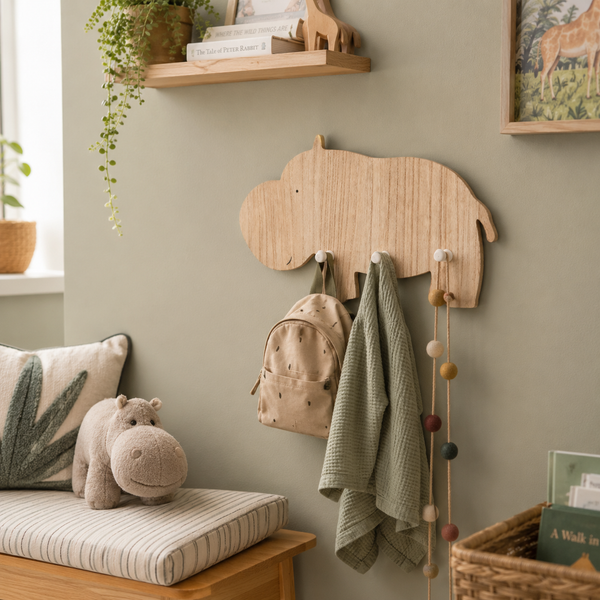 A hippo-shaped wooden wall hook rack mounted on a cream wall, holding a tan backpack, a green scarf, and a wooden toy
