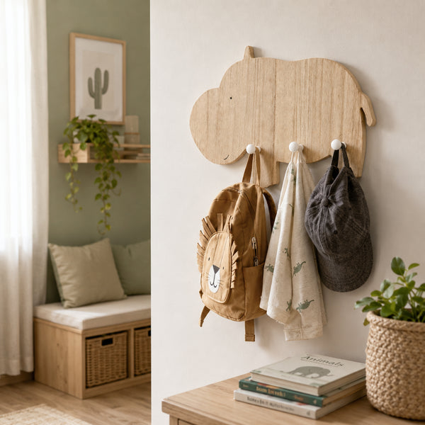 A hippo-shaped wooden wall hook rack mounted on a cream wall, holding a tan backpack, a cream scarf, and a dark gray cap. The scene is styled in a cozy room with a bench, plants, and books.