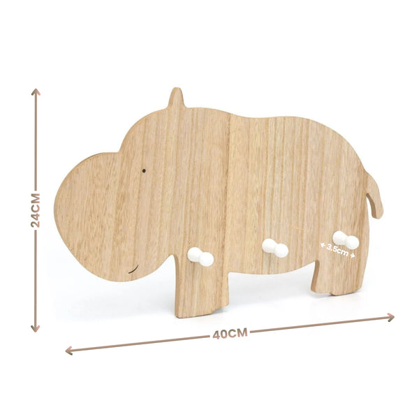 A wooden hippo-shaped wall hook holder with three white hooks, shown on a white background with dimension arrows indicating 40 cm width, 24 cm height, and a hook spacing of 3.5 cm.