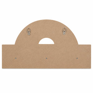 A light brown particle board wall hook board with a semi-circular top and a central cutout, featuring two pre-mounted metal hooks and two screw holes on the base, shown against a plain white background.