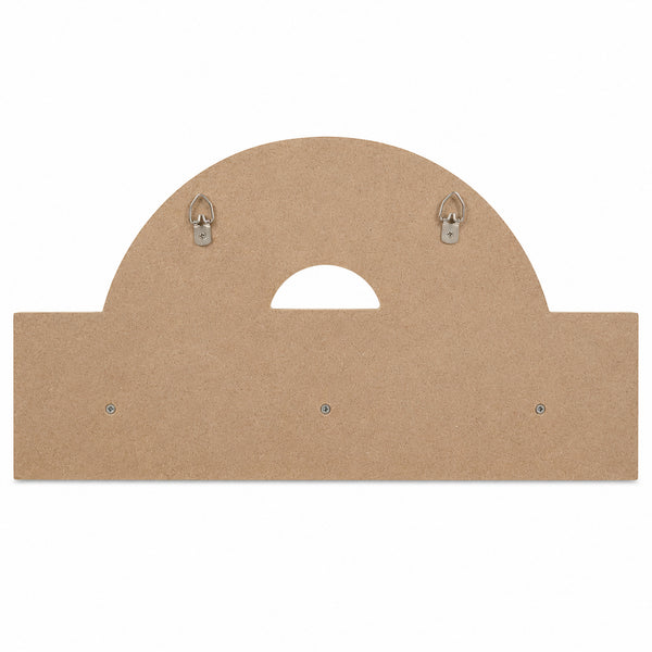 A light brown particle board wall hook board with a semi-circular top and a central cutout, featuring two pre-mounted metal hooks and two screw holes on the base, shown against a plain white background.