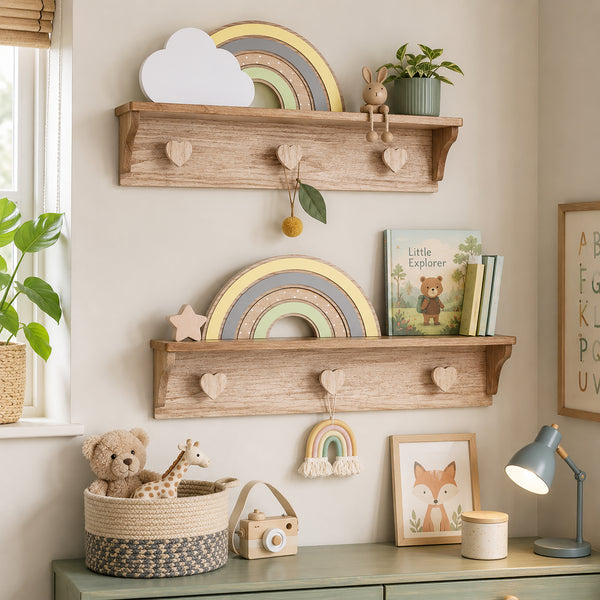 Two rustic wooden floating shelves mounted on a beige wall in a styled nursery or playroom. The shelves hold a wooden rainbow decoration, a small rabbit figurine, a potted plant, books, and a small hanging ornament.