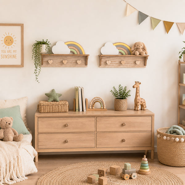 A styled children's nursery featuring a light natural wood dresser with six drawers, mounted on a warm off-white wall. Above the dresser, two matching wooden floating shelves hold a cloud, a rainbow, and a plush bunny.