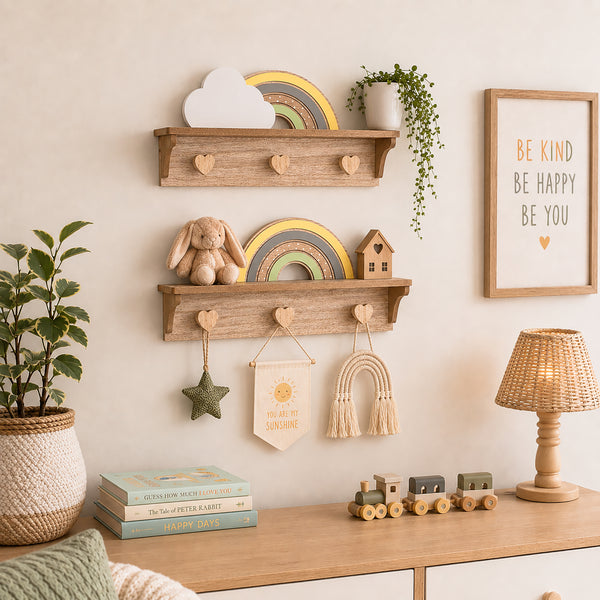 A styled nursery interior with two rustic wooden floating shelves mounted on a cream wall. The shelves hold a white cloud plaque, a rainbow decoration, a small bunny toy, a house ornament, and hanging accessories including a star, a banner reading 'Be Kind Be Happy Be You,' a small arch charm, and a small basket bag.