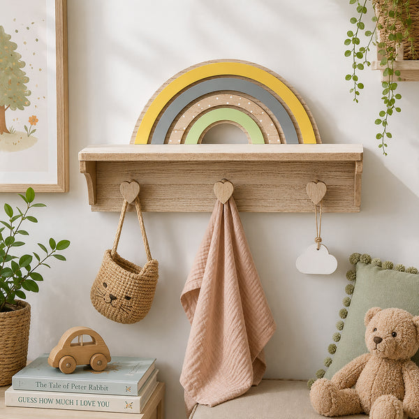 A wooden wall-mounted shelf with three heart-shaped hooks, styled in a nursery setting with a woven basket bag, a pink cloth, a cloud-shaped tag, a teddy bear, books, and plants.