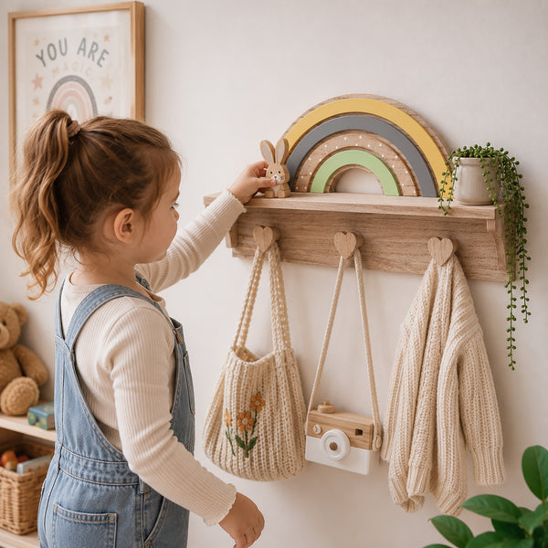 A young child in denim overalls reaches toward a wooden wall-mounted shelf with heart-shaped hooks, a rainbow decoration, a knitted tote bag, a small camera, and a cream knit sweater in a bright nursery setting.