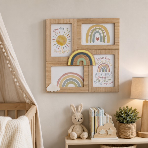 A light natural wood four-frame wall art piece displayed in a nursery setting. The frames contain whimsical pastel illustrations including sun rays, rainbows, a cloud, and handwritten quotes.