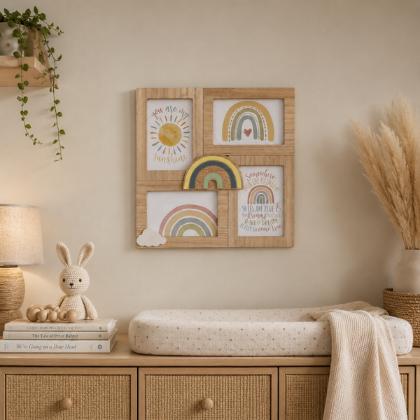 A styled nursery wall with a four-panel wooden frame holding pastel rainbow and sun illustrations, mounted above a changing table with a cream cushion and blanket. A lamp, books, a plush bunny, dried grass, and a hanging plant are visible in the room.