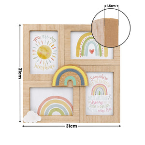 A 4-frame wooden picture frame with a light natural wood finish, decorated with colorful nursery prints including suns, rainbows, and inspirational quotes. The image includes dimension markings showing a height and width of 31cm, a circular inset showing the 1.