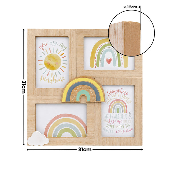 A 4-frame wooden picture frame with a light natural wood finish, decorated with colorful nursery prints including suns, rainbows, and inspirational quotes. The image includes dimension markings showing a height and width of 31cm, a circular inset showing the 1.