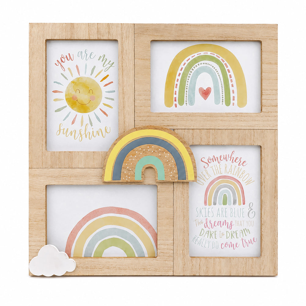 A square natural wood picture frame with four inset panels decorated with colorful children's artwork, including suns, rainbows, clouds, and inspirational quotes, displayed on a pale pink wall above a styled shelf.