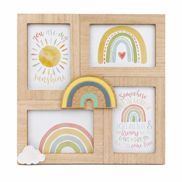 A square light wood collage picture frame with four inset photo slots, decorated with pastel rainbow and sun illustrations, a small wooden rainbow piece, and a white cloud accent on a white background.