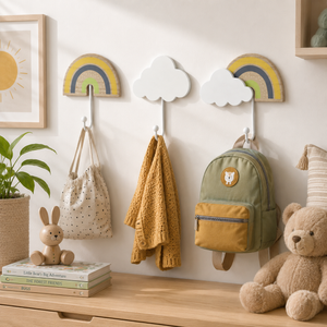 A styled children's room scene showing a set of wall-mounted hooks with rainbow and cloud-shaped wooden decorations. The hooks are displayed on a white wall above a wooden dresser, styled with a drawstring bag, a yellow knit blanket, a green and yellow backpack, a stuffed teddy bear, a small rabbit figurine, books, and a potted plant.