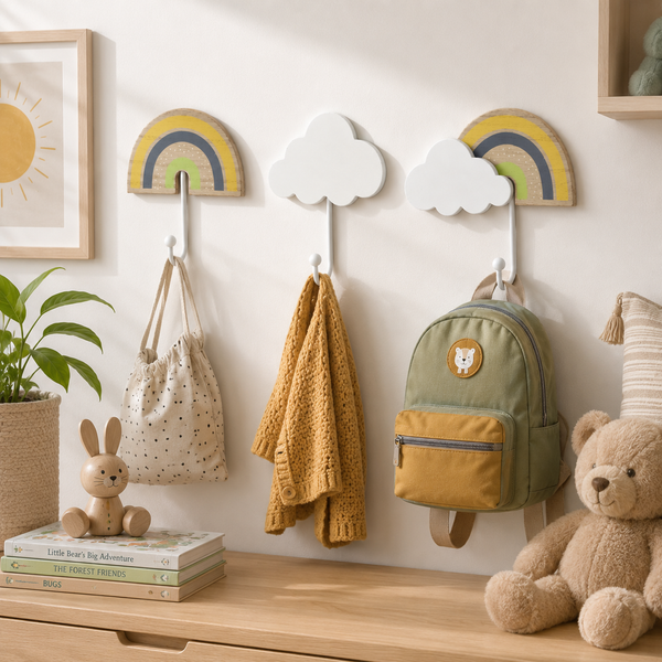 A styled children's room scene showing a set of wall-mounted hooks with rainbow and cloud-shaped wooden decorations. The hooks are displayed on a white wall above a wooden dresser, styled with a drawstring bag, a yellow knit blanket, a green and yellow backpack, a stuffed teddy bear, a small rabbit figurine, books, and a potted plant.