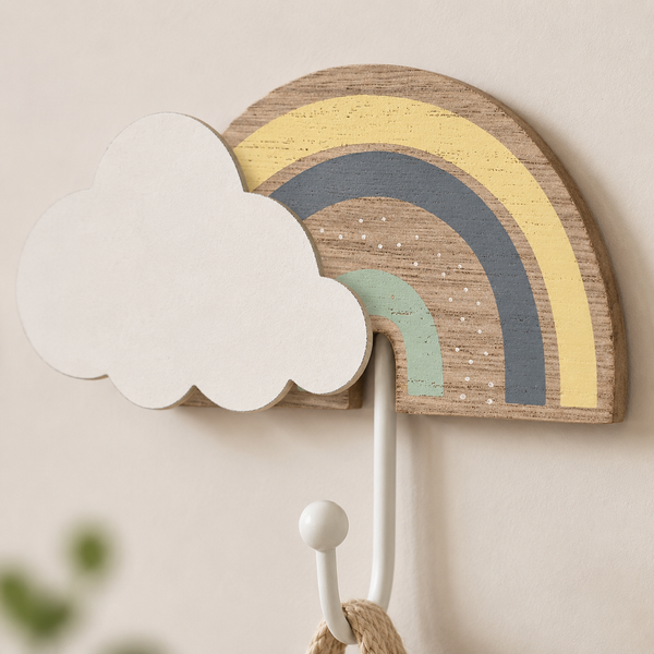 A wooden wall hook shaped like a half rainbow with a white cloud overlay, mounted on a beige wall. A white peg hangs from the center, and a rope key ring is threaded through it.