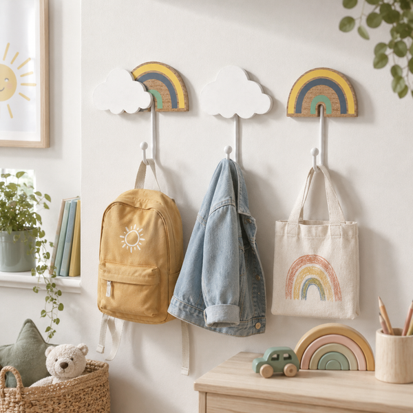 Three wall-mounted rainbow and cloud hooks in a nursery or playroom setting, holding a mustard yellow backpack, a light blue denim jacket, and a cream canvas tote bag with a rainbow print.