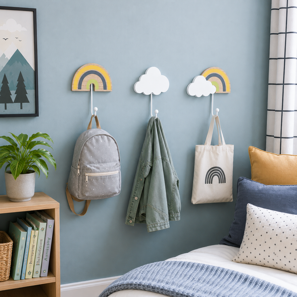 Three wall-mounted children's accessories hang on a blue-gray bedroom wall: a yellow and rainbow arch hook holding a gray backpack, a white cloud hook holding a green jacket, and a white cloud hook holding a cream tote bag with a rainbow print. A framed mountain print, plant, books, and bed pillows are also visible.